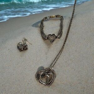 Brighton Heart Jewelry Set Necklace Bracelet Earrings Silver Tone Crystal